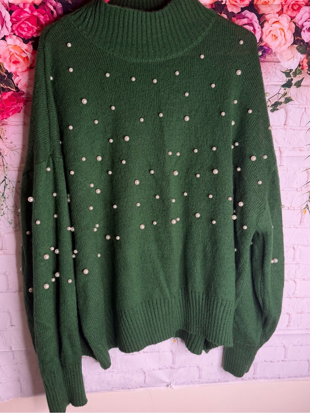 Eloquii Green Sweater with faux Pearl Studs